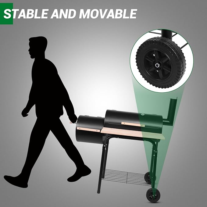 Outvita BBQ Charcoal Grill, Outdoor Patio Barbecue Cooker with Offset Smoker, Wheels and Tray for Balcony Picnics, Party and Camping-VerdiqueGarden