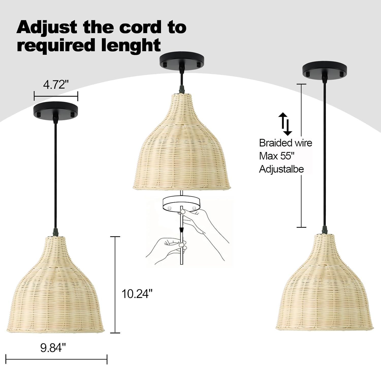 TERLEENART Hard Wired Rattan Pendant Lights Set of 2,Boho Wicker Chandelier with 9.84” Dome Shade, Basket Hand Woven Hanging Lamp for Coastal Kitchen Island Dining Room Living Room Bar Foyer Hallway-VerdiqueGarden