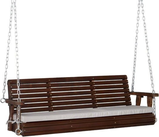 VINGLI Heavy Duty 880 LBS Patio Wooden Porch Swing Outdoor with Extra Cushion, Farmhouse Hanging Bench Tree Swing with Adjustable Chains for Yard | Garden | Lawn | Balcony (5 FT, Rustic)-VerdiqueGarden