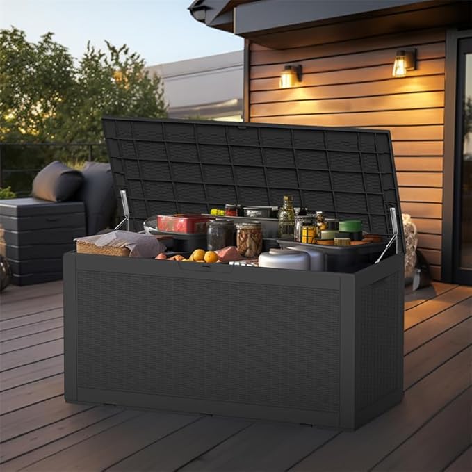 100 Gallon Outdoor Deck Box,Storage Lockable Waterproof Patio Furniture,Garden Tools,Cushions,Pool Accessories Outside Storage Resin Box(Black)-VerdiqueGarden