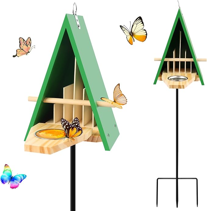 2025 New Butterfly House and Feeder for Outside, Wooden Butterfly House with Metal Stake for Garden, Natural Butterfly Habitat with Butterfly Puddler on The Floor or Hanging on Tree Wall-VerdiqueGarden
