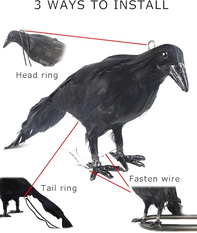 Hanging Dead Crows, 13 Inches Life-Size Raven, Realistic Handmade Fake Decoy for Garden Christmas Halloween Decorations [Face Up+Face Down+Stand] 2PC-VerdiqueGarden