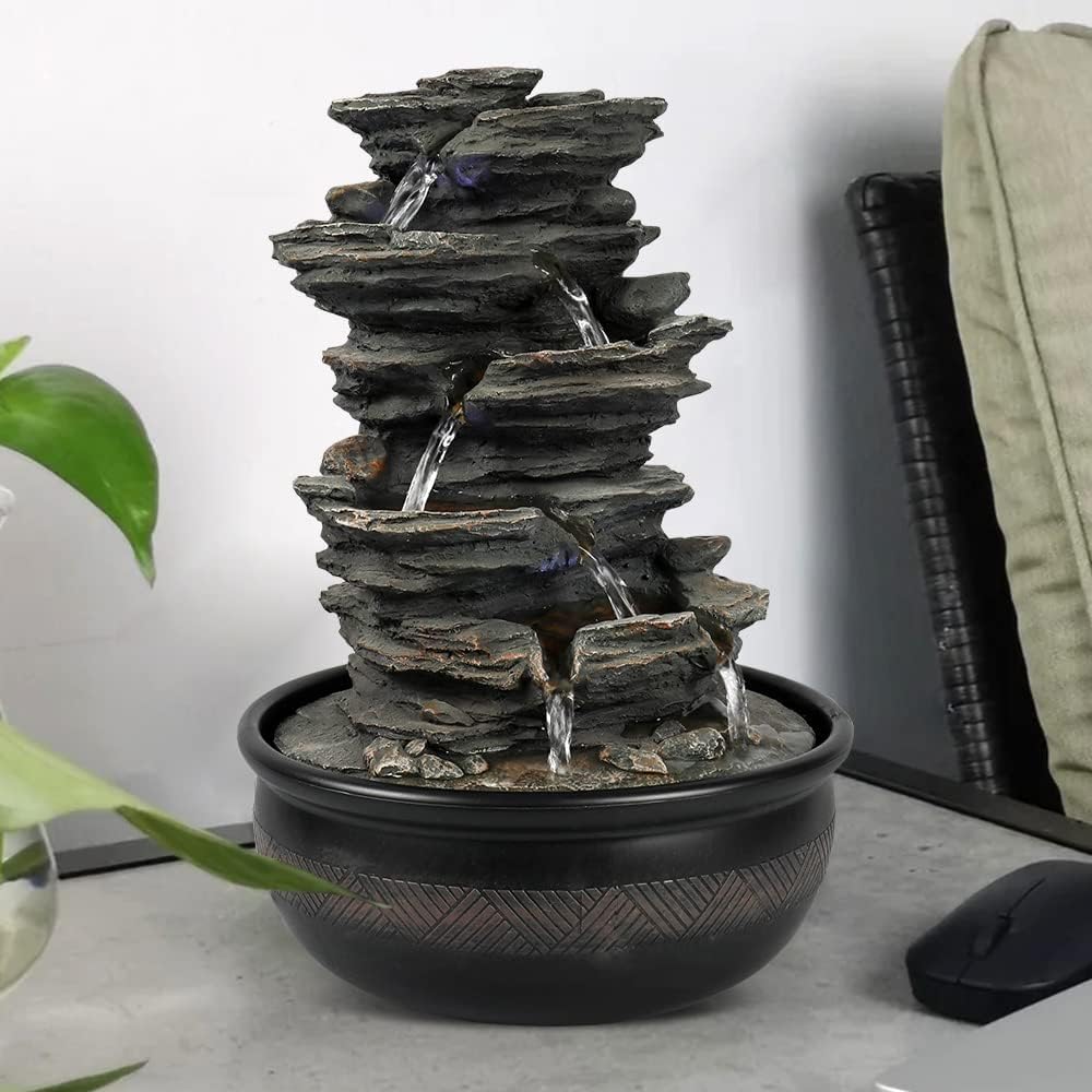 15.7” High Rock Falls Tabletop Water Fountain with LED Lights - 5-Tier Indoor Relaxation Waterfall Fountain, Small Cascading Water Feature for Home and Office Decor Gray-1-VerdiqueGarden