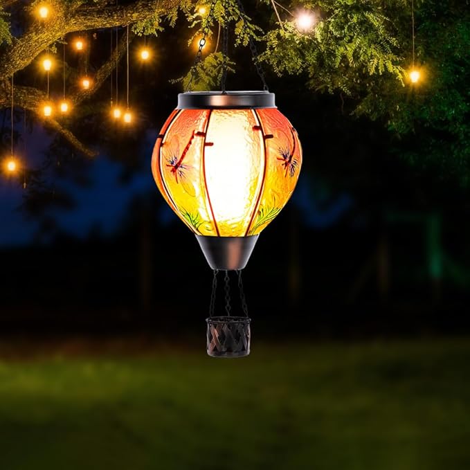 Starsoul Dragonfly Hot Air Balloon Solar Lantern Outdoor Glass Hanging Hot Air Balloon Lantern with Flame Light Waterproof for Patio Pathway Yard Porch Backyard Decor-VerdiqueGarden