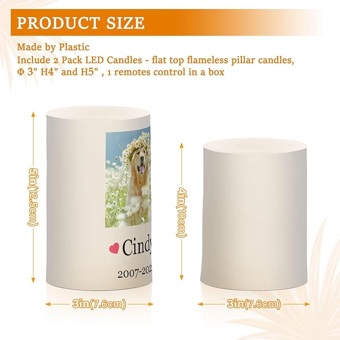 Vdsrup Flameless Candles Set of 2 Memorial Pet LED Candles with Timer Battery Operated Customize Candle Lights Flickering with Remote for Home Bedroom Decor-VerdiqueGarden