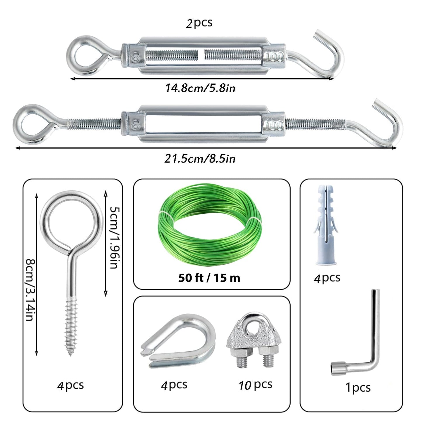 M6 Turnbuckles for Cables Wire, 3/16" Green PVC Coated Wire Rope Kit, Multi-use Steel Cable for Grape Vines/Clothes Line Outdoors for T Post/String Light Hanging/Garden Wire-VerdiqueGarden