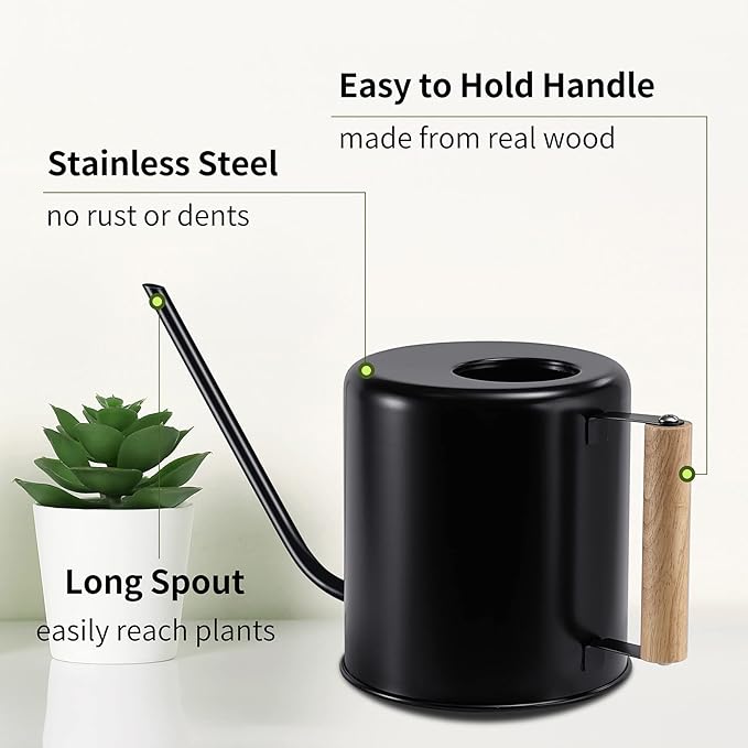 1.5 Liter Black Watering Can for Indoor Plants, House Plants, Flower Watering, Outdoor Plants - Small Metal Watering Can with Long Spout-VerdiqueGarden