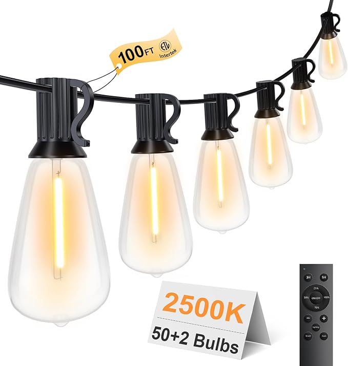 100FT Remote Outdoor String Lights for Outside, 50+2 LED Waterproof Shatterproof Edison Dimmable Timer Bulbs, 2500K Warm White Patio Lights for Garden Backyard Yard Hanging Lighting-VerdiqueGarden