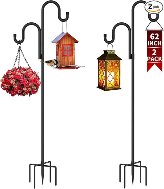 Double Shepherds Hooks for Outdoor, Bird Feeder Pole with 5 Prongs Base, Heavy Duty Garden Hook for Lantern, Wind Chime and Hummingbird Feeder, 62 Inch, 2 Pack-VerdiqueGarden