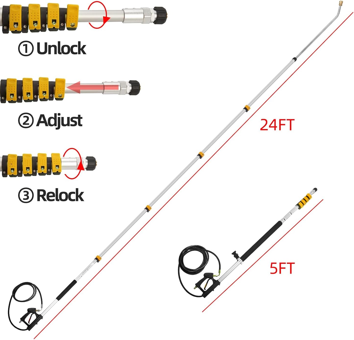 Tecoloy 24 FT Telescoping Pressure Washer Wand with Power Washer Extension Wand, Support Belt, Gutter Cleaner Attachment, 5 Spray Nozzle Tips and 2 Hose Inlet Adapters-VerdiqueGarden