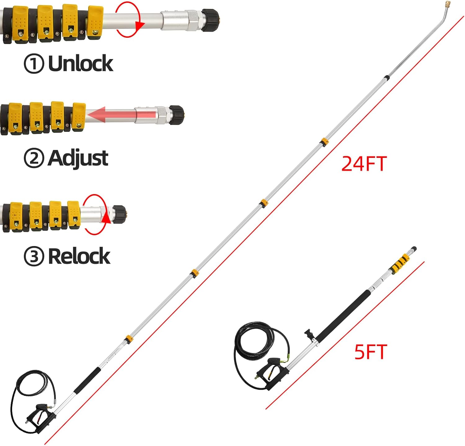 Tecoloy 24 FT Telescoping Pressure Washer Wand with Power Washer Extension Wand, Support Belt, Gutter Cleaner Attachment, 5 Spray Nozzle Tips and 2 Hose Inlet Adapters-VerdiqueGarden