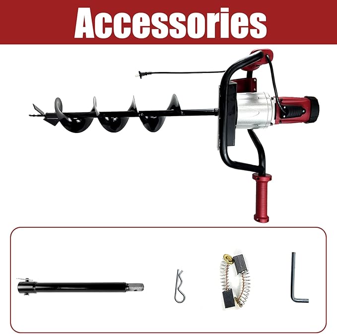 JACKCHEN 1500W Electric Post-Hole Digger with 6-Inch Auger Bit, Earth Auger Drill, Auger Bit Earth Auger, Ideal for Post Hole Digging, Drilling, Tree Planting, Red-VerdiqueGarden