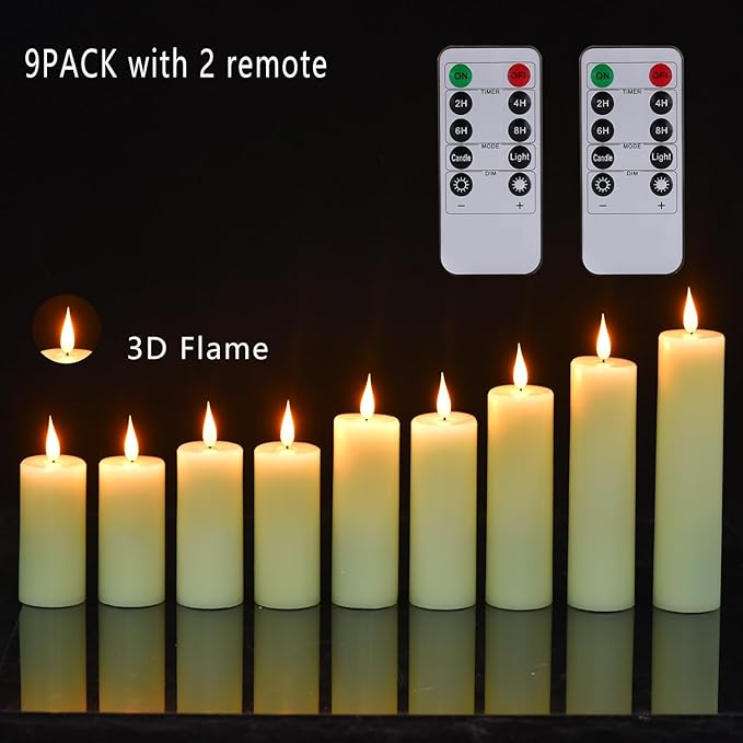 Flameless Flickering Battery Operated Candles 9PACK Real Wax Pillar LED Candles with 10-Key Remote Control and 24 Hours Timer for Wedding, Party, Home Decoration (Ivory)-VerdiqueGarden