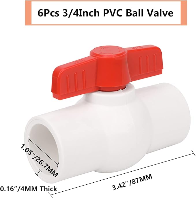 6Pcs 3/4" PVC Ball Valve Water Pipe Shut-off Valve Socket with Red T-Handle for Cold Water Supply lines, Irrigation Pipe fitting System(Socket x Socket), Schedule 40-VerdiqueGarden