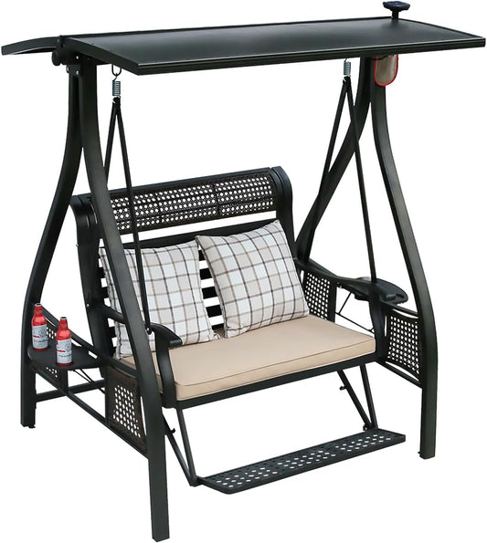 2/3-Seat Outdoor Patio Porch Swing with Adjustable Aluminum Alloy Canopy Solar Patio Swing Chair Bench with Footrest Side Cup Holder for Backyard Lawn (Himalaya-2 Seat)-VerdiqueGarden