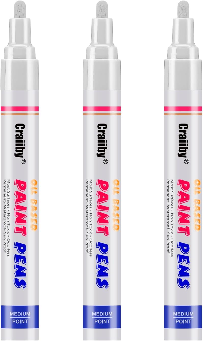 White Paint Markers, 3 Pack Oil-Based Waterproof Quick Dry Permanent Paint Pen Set for Rocks Painting, Wood, Fabric, Plastic, Canvas, Glass, Mugs, Metal, Tire, Stone, DIY Craft-VerdiqueGarden