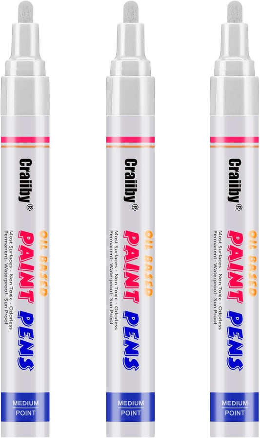 White Paint Markers, 3 Pack Oil-Based Waterproof Quick Dry Permanent Paint Pen Set for Rocks Painting, Wood, Fabric, Plastic, Canvas, Glass, Mugs, Metal, Tire, Stone, DIY Craft-VerdiqueGarden