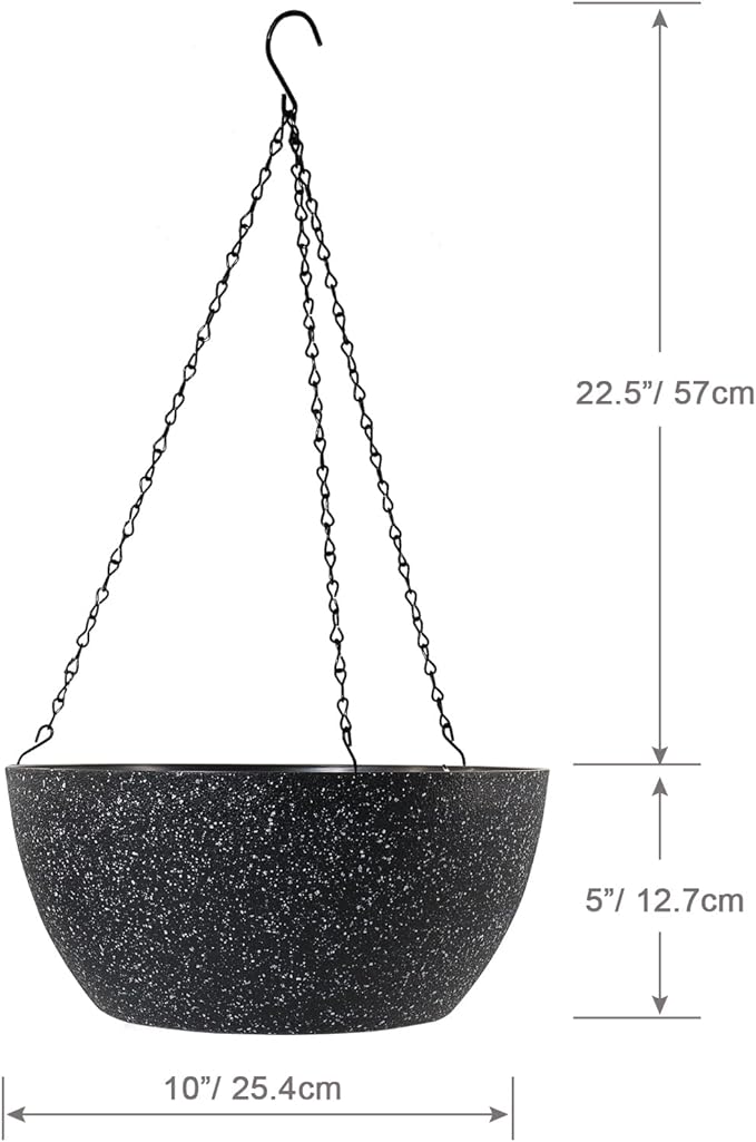 10 inch Hanging Planters for Outdoor Indoor Plants with Drainage Holes and Chain, 2 Pack Round Hanging Flower Pots for Garden Home Porch Decor, Speckled Black-VerdiqueGarden