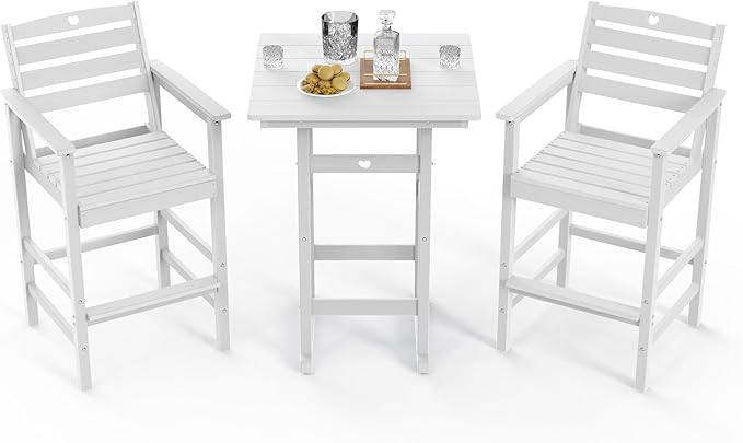 3-Piece HDPE Outdoor Bar, Outdoor Bar Stools and Outdoor Bar Table with Heart Cutout Design, All Weather Bistro Set Outdoor for Patio, Porch, Pool (White)-VerdiqueGarden