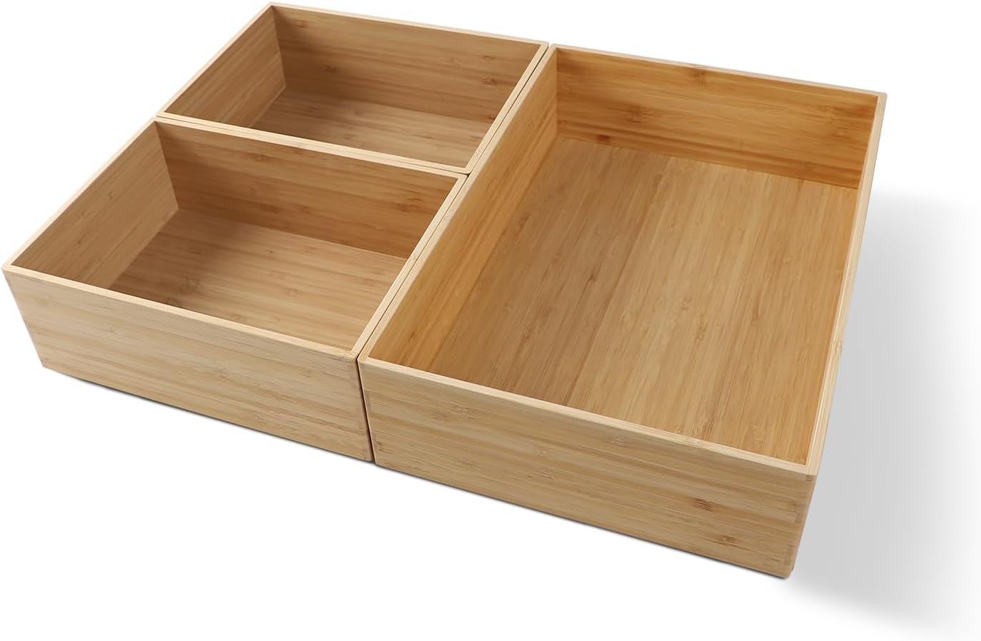 3-Piece Large Bamboo Storage Box Set, 3.1 in High Stackable Deep-Drawer Organizer for Kitchen Cutlery, Cookware, Utensils & Knives, Exquisite Durable Lidless Wooden Bin (14.6"x10.2"*1+10.2"x7.3"*2)-VerdiqueGarden