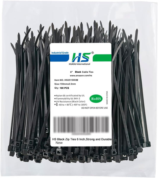 HS 6 Inch Zip Ties Black 18 Lbs Tensile Strength Thin Straps (100 Pack) Nylon PA66 UV Resistant,Self-Locking Small Electrical Plastic Cable Wire Zipties for Outdoor Indoor Use,Multi Purpose-VerdiqueGarden
