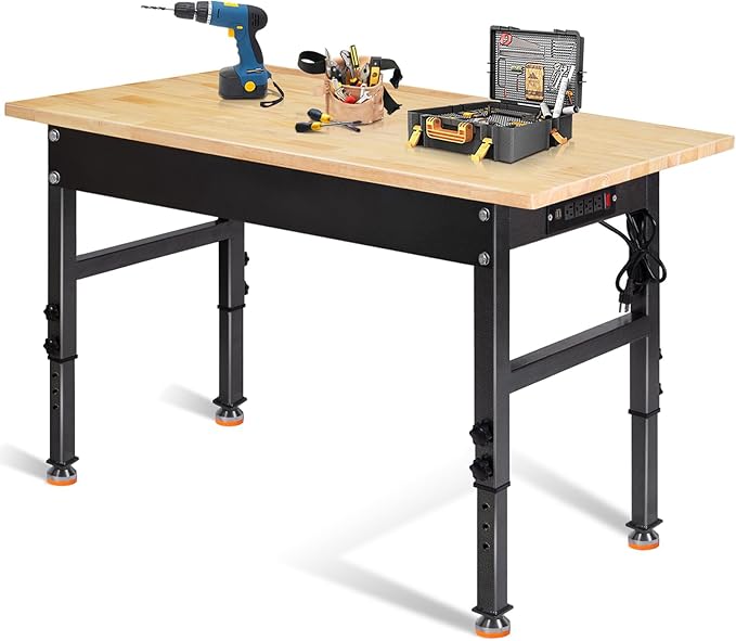 48" Adjustable Work Bench, Rubber Wood Top Workbench Heavy-Duty Work Table with Power Outlet, 2000 LBS Load Capacity Hardwood Work Benches for Garage, Workshop, Home, Office, Easy Assembly-VerdiqueGarden