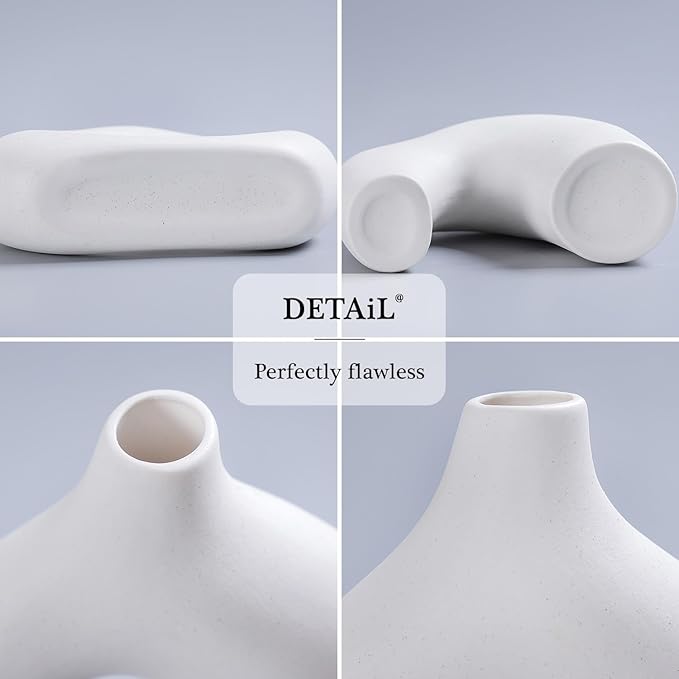 CEMABT White Ceramic Vase Set of 2 for Modern Minimalist Bohemian Decor，Round Matte Donut Vases for Pampas Grass-Perfect for Living Room, Dining Table, Office Bedroom Shelf Decor Entryway, Console-VerdiqueGarden