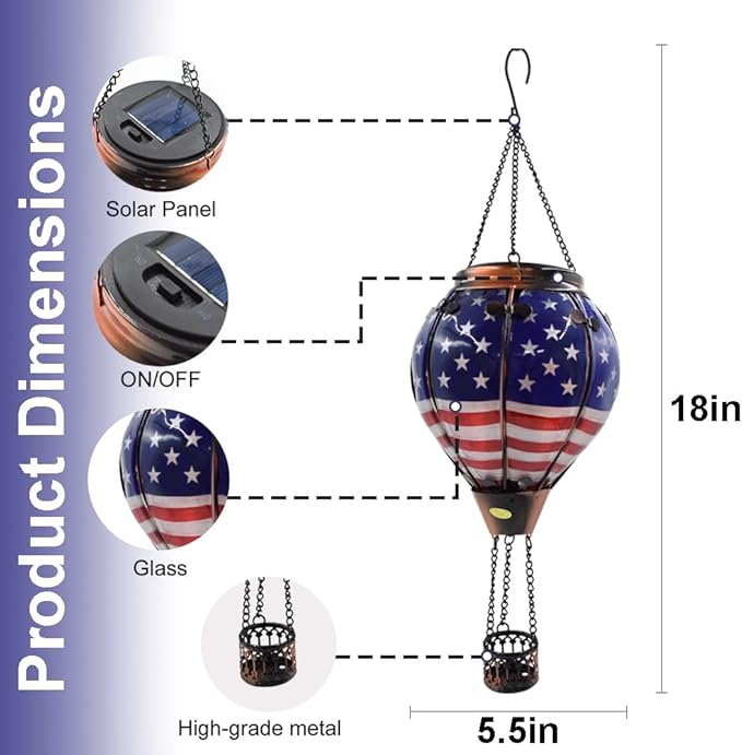 Hot Air Balloon Solar Lantern with Flickering Flame, Glass Hanging Garden Lights Outdoor Waterproof for Tree Yard Patio Mother's Day Gift, 18" H Flag-VerdiqueGarden