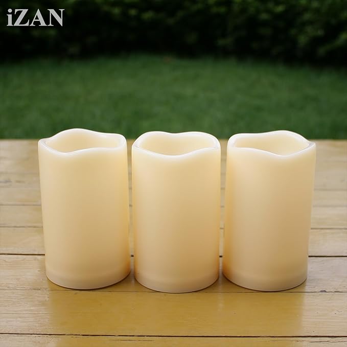 iZAN Set of 6 Outdoor Flameless Battery Operated LED Pillar Candles with Remote Timer Waterproof Flickering Electric Decorative Lights for Christmas Home Wedding Party Festival Decorations 3" x5”-VerdiqueGarden