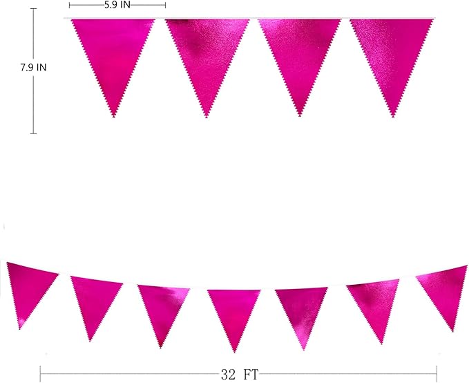 Hot Pink Party Decorations Triangle Pennant Banner Flag Rose Pink Metallic Fabric Bunting Garland for Birthday Bachelorette Wedding Bridal Shower Anniversary Flamingo Theme Party Supplies-VerdiqueGarden
