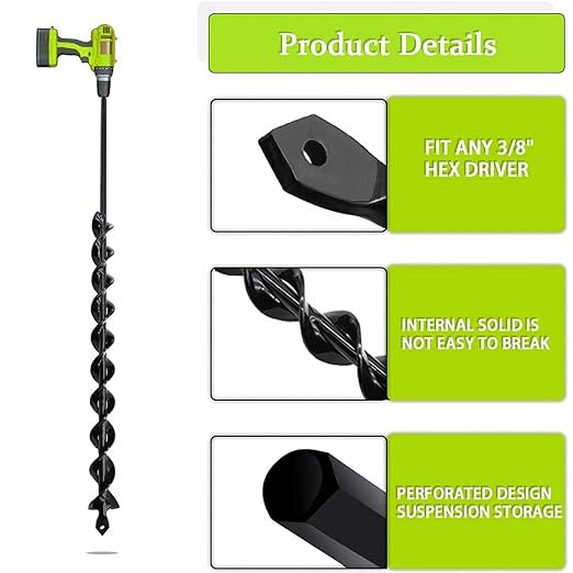 TCBWFY 24 Inch Auger Drill Bit for Planting - 1.2"x24" Long Handle Easy Planter Garden Auger - Bulb & Bedding Plant Augers - Post Hole Digger for 3/8”Hex Drive Drill-VerdiqueGarden