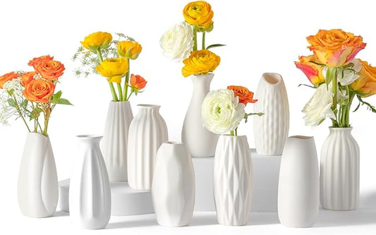 Small White Ceramic Vase Set of 10 - Mini Bud Vases for Flowers and Pampas Grass, Boho Centerpieces for Home and Party Decor, White Vases Home Decor, Ceramic Vase Set for Weddings-VerdiqueGarden