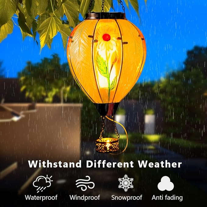 Starsoul Large Solar Hot Air Balloon Lantern with Flame Sunflower Glass Hanging Outdoor Hot Air Balloon Solar Light Waterproof Garden Patio Yard Party Decorations-VerdiqueGarden