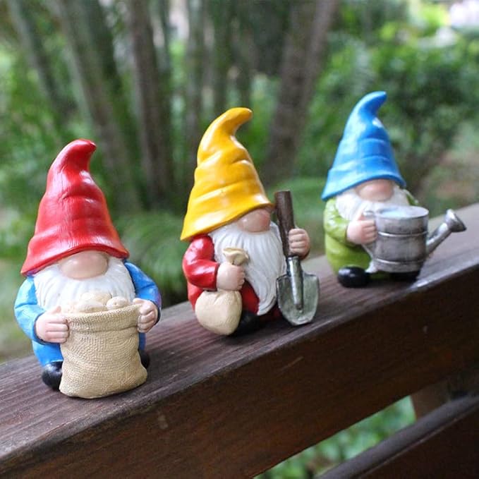 Set of 3 Mini Garden Gnome Statues - Resin Figurines for Indoor and Outdoor Decoration - Whimsical Mini Ornaments for Home, Patio, Yard, and Garden Decor-VerdiqueGarden