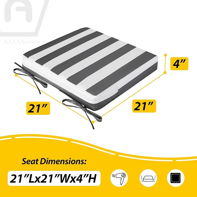 AAAAAcessories Outdoor Seat Cushions for Chairs, Waterproof, Fade-Resistant Patio Furniture Replacement Cushions, 21" x 21" x 4", Set of 2, Gray Cabana Stripe-VerdiqueGarden
