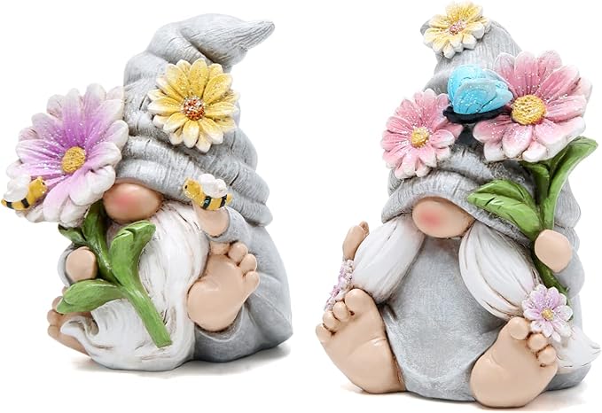 Hodao Set of 2 Spring Gnome Decorations Flower Gnomes Ornaments Decor Summer Gnomes Figurines Spring Gnomes for Outdoor Garden Decor Spring Birthday Gifts for Women, Mom, Grandma (Grey)-VerdiqueGarden
