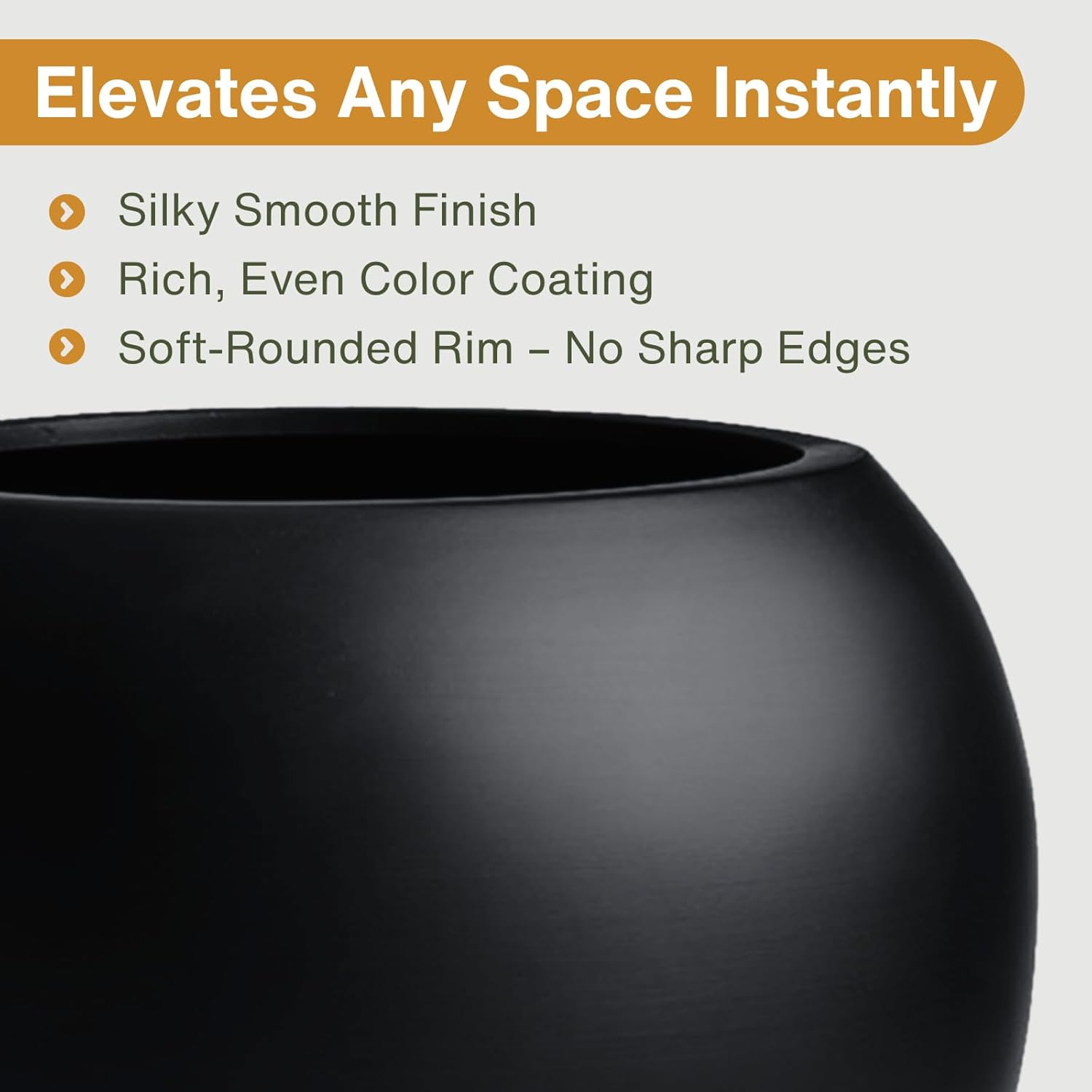 9.7" H x 12" D Globo Fiberstone Round Planter with Drainage Hole, Weather Resistant, Smooth Finish, Planters for Indoor Plants & Outdoor, 2 Extra Coco Mats (Black, 7.8" Pot Opening)-VerdiqueGarden