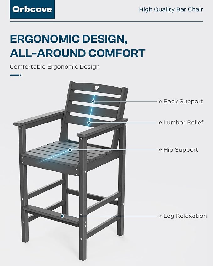 Tall Adirondack Chairs Set of 4, HDPE Wood Balcony Adirondack Chairs Set with Heart Cutout Design, Weather-Resistant Bar Height Furniture for Deck, Porch, Pool (Grey)-VerdiqueGarden