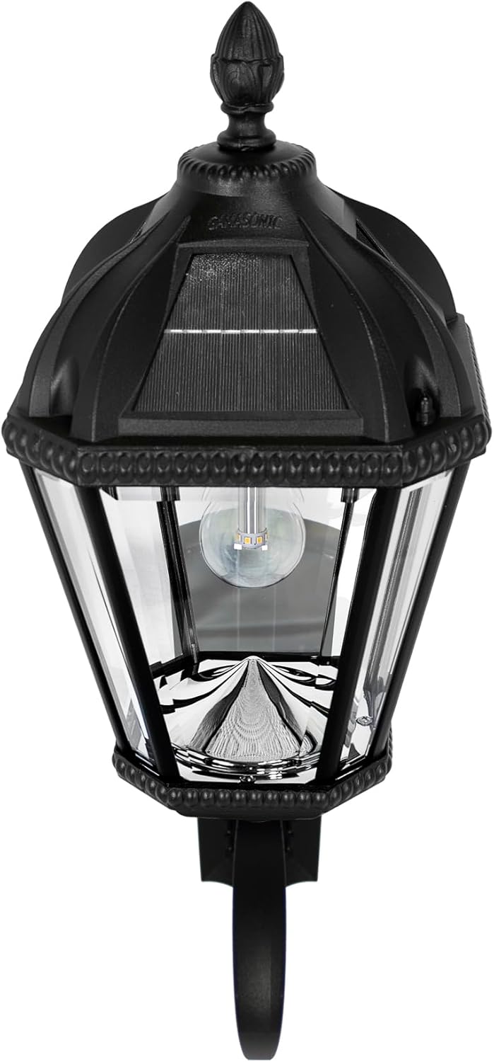 Gama Sonic Solar Outdoor Wall Light, Royal Bulb Exterior Sconce Lamp, Black Cast Aluminum, Clear Beveled Glass, Warm White LED with Omni-Direction Reflector, Large 21-Inch Height, 98B010 (Upgraded)-VerdiqueGarden