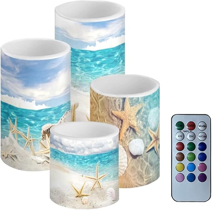 Black Flameless LED Battery Candles 4PCS Pillar Candles with 18-Key Timer Remote Colorful Light for Christmas Party Celebration Decor, Seawater Starfish-VerdiqueGarden