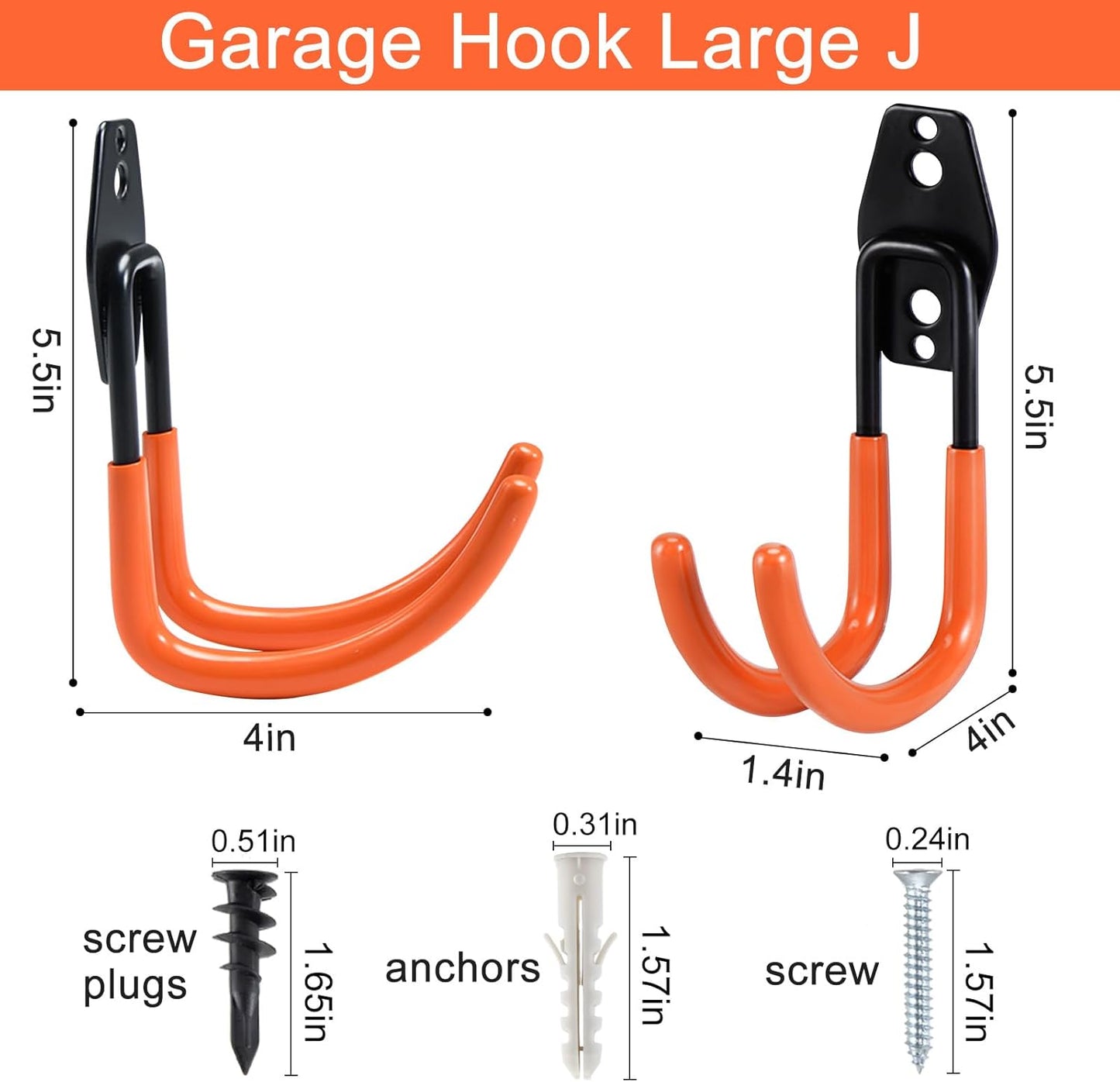 AOBEN Garage Hooks Heavy Duty, Steel Garage Storage Hooks, Utility Tool Hangers and Combinable Wall Mount for Organizing Ladders, Bikes, Hoses, and More Equipment (Large J, 4 Pack)-VerdiqueGarden