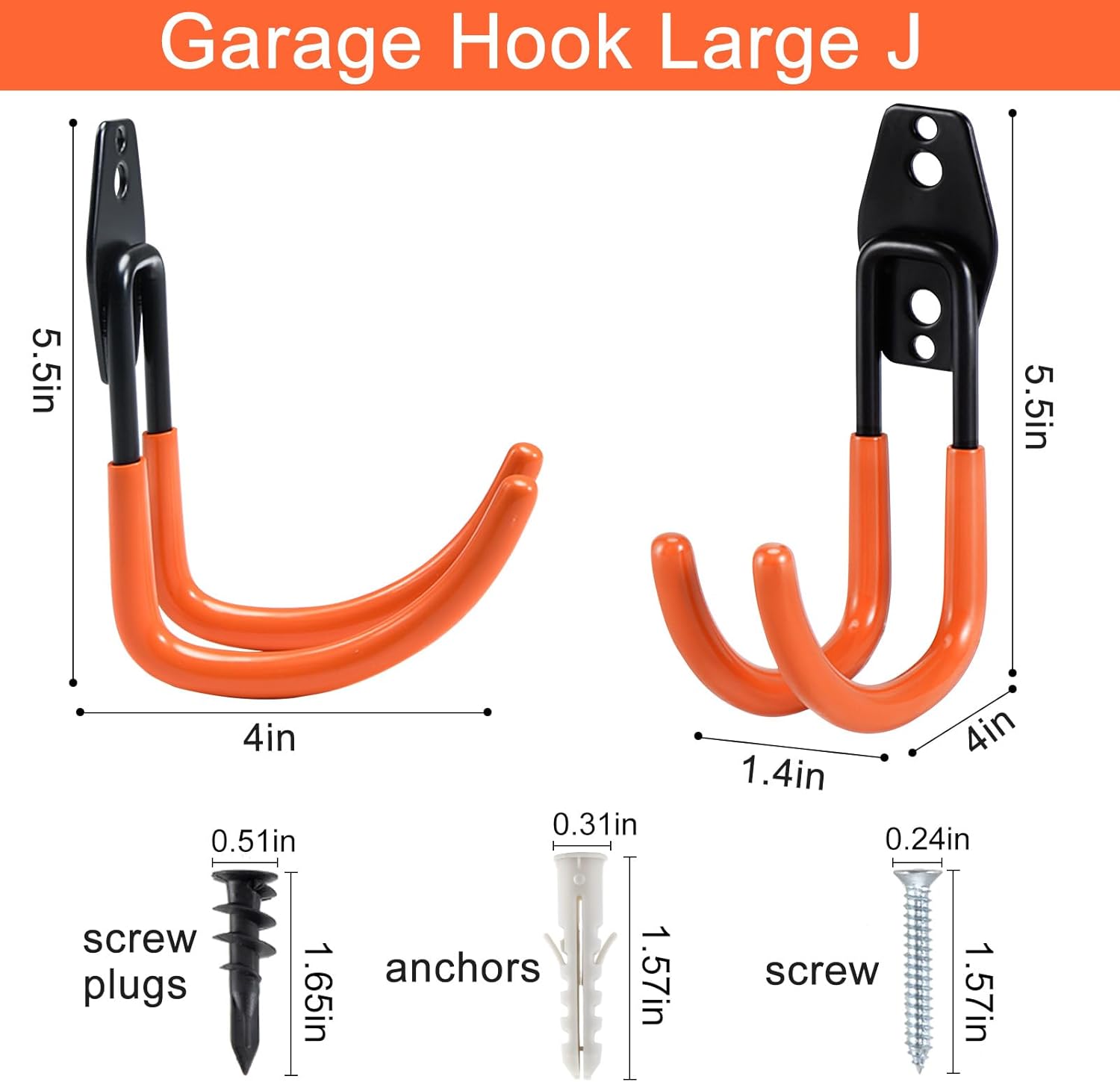 AOBEN Garage Hooks Heavy Duty, Steel Garage Storage Hooks, Utility Tool Hangers and Combinable Wall Mount for Organizing Ladders, Bikes, Hoses, and More Equipment (Large J, 4 Pack)-VerdiqueGarden