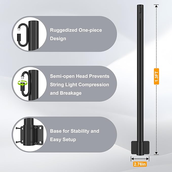 Suchtale 4 Pack 1.3 FT String Light Poles, Suspension Outdoor Fence Post Lights with Clip and Bracket, Outside String Lights Hanging, Wall Mounting Stand for Patio Garden Backyard Wedding Party, Black-VerdiqueGarden