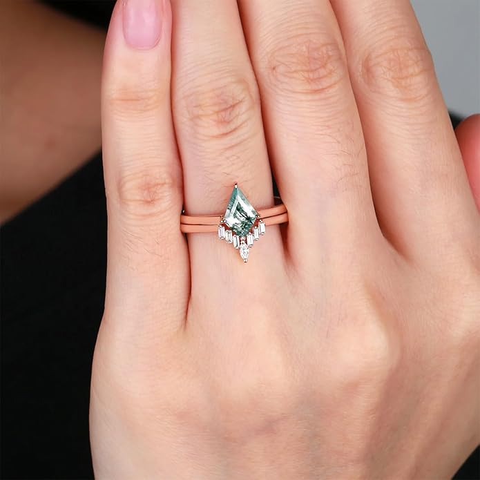 Natural Moss Agate Bridal Ring Set for Women 1CT Kite-cut Moss Agate Engagement Ring Set 925 Sterling Silver 10K 14K 18K Gold Classic Wedding Ring Set