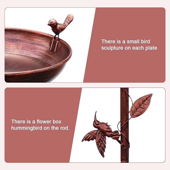 Metal Bird Bath for Outside, 2-in-1 Birdfeeder and Bath, 42 Inch Tall Stand with Hummingbird, Large 12Inch & Small 7.9Inch Bird Bath Bowl, 3 Bird Decor for Garden, Antique Bronze-VerdiqueGarden