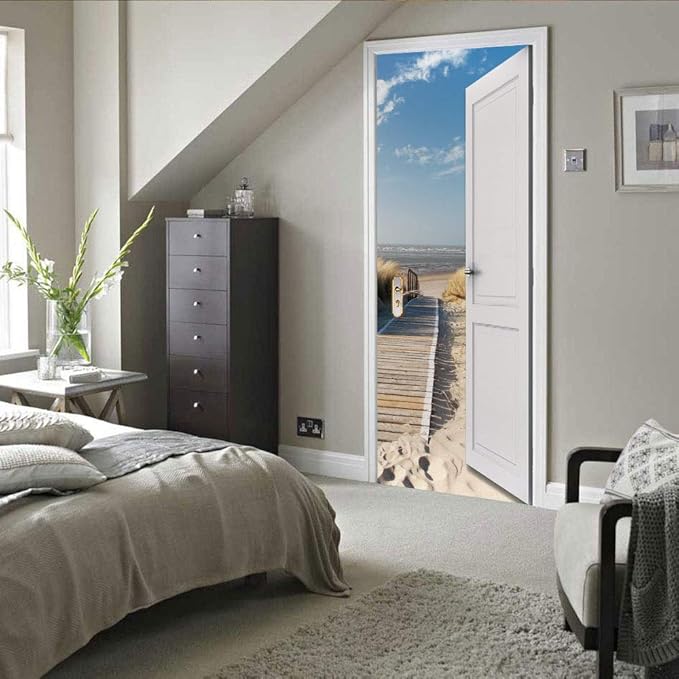 3D Door Wallpaper Self-Adhesive Door Poster - Beach Street - Door Film Photo Wallpaper Premium PVC Waterproof Door Sticker Wall Sticker for Bedroom Living Room Door Decoration Stickers 95 x 200 cm-VerdiqueGarden