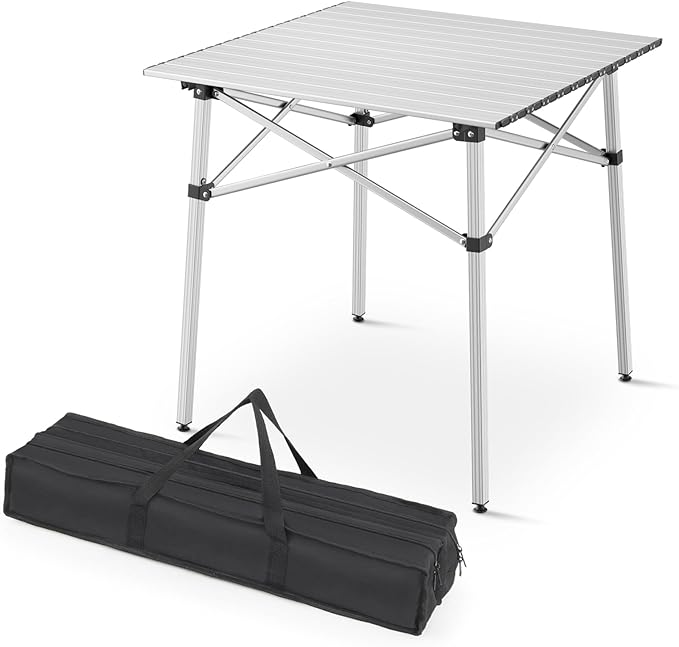 Athena Collection Foldable Camping Table, 28" Small Aluminum Outdoor Folding Camp Table with Roll Up Tabletop and Carry Bag, Lightweight and Portable for Outdoor Camping Picnic Grilling, Silver-VerdiqueGarden
