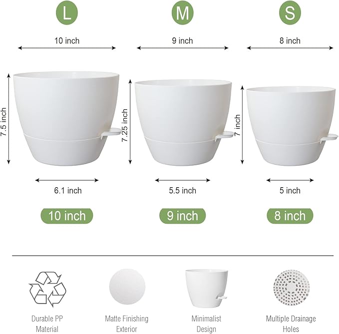 10/9/8 inch Self Watering Pots, Set of 3 Plastic Planters with Mesh Drainage Holes and Deep Reservoir for Indoor Outdoor Garden Plants and Flowers, White-VerdiqueGarden