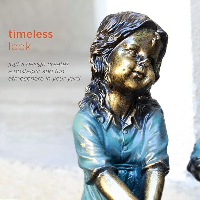 Alpine Corporation 16" Tall Indoor/Outdoor Girl and Boy Sitting on Bench with Puppy Statue Yard Art Decoration-VerdiqueGarden