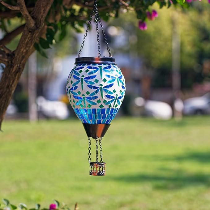 Starsoul Mosaic Dragonfly Hot Air Balloon Solar Lantern Glass Outdoor Hanging Hot Air Balloon Solar Flickering Flame Light Waterproof Garden Patio Yard Party Decorations-VerdiqueGarden